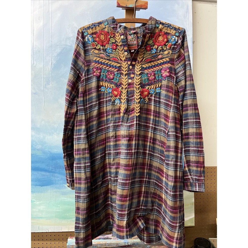 Johnny Was Workshop Plaid Long Sleeve Flower Embroidered Tunic Dress XS Boho